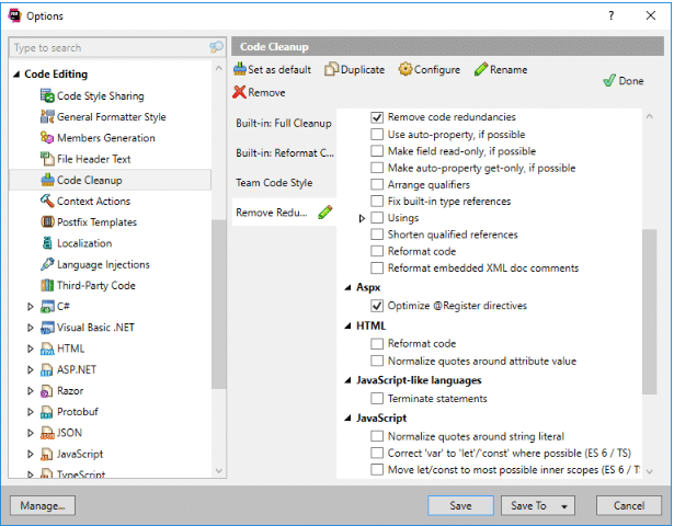 ReSharper static code analysis tool code cleanup feature