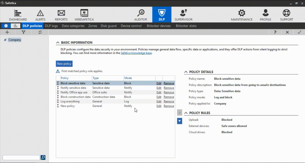 Safetica One data loss prevention software interface
