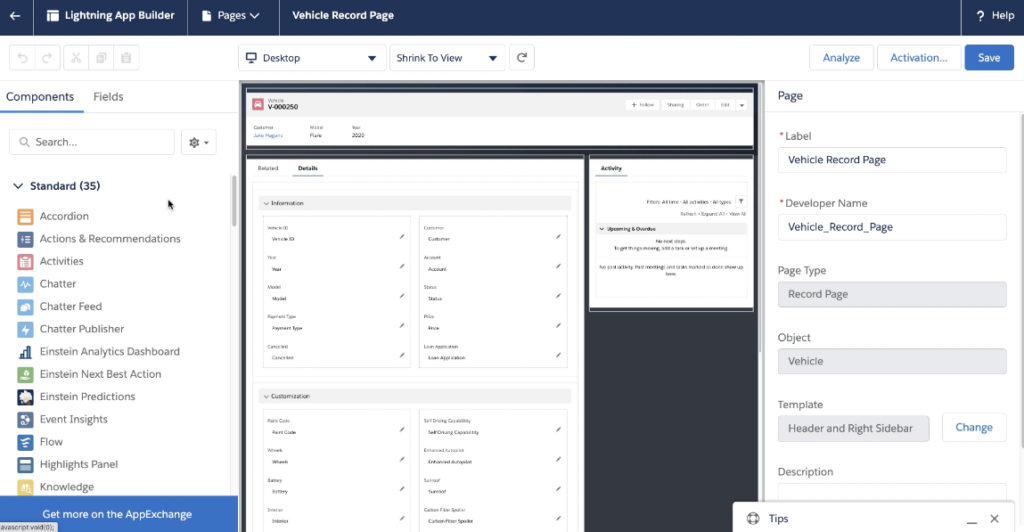 Salesforce application builder screenshot