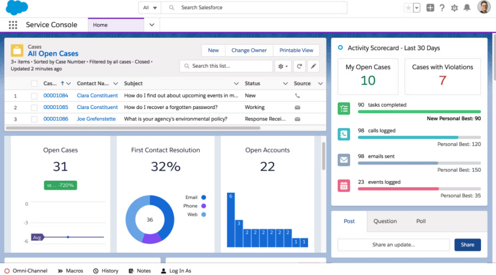 Salesforce Application Development service console screenshot