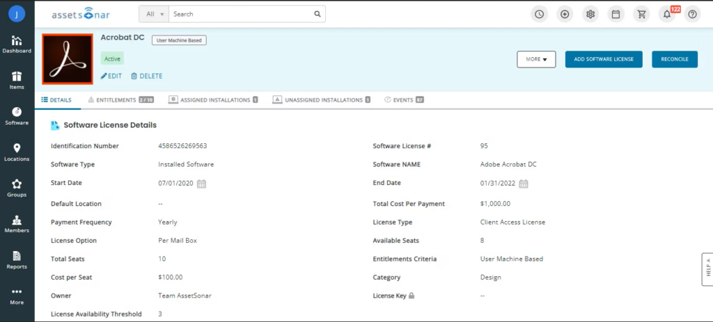 AssetSonar license management software interface