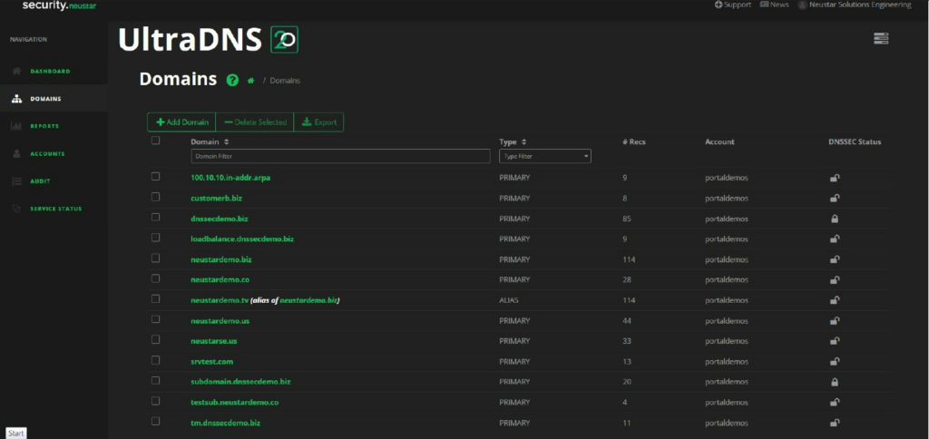 Domain portal of Neustar UltraDNS security service interface