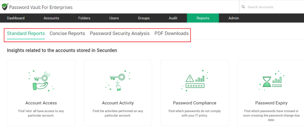Securden's password vault reports screenshot