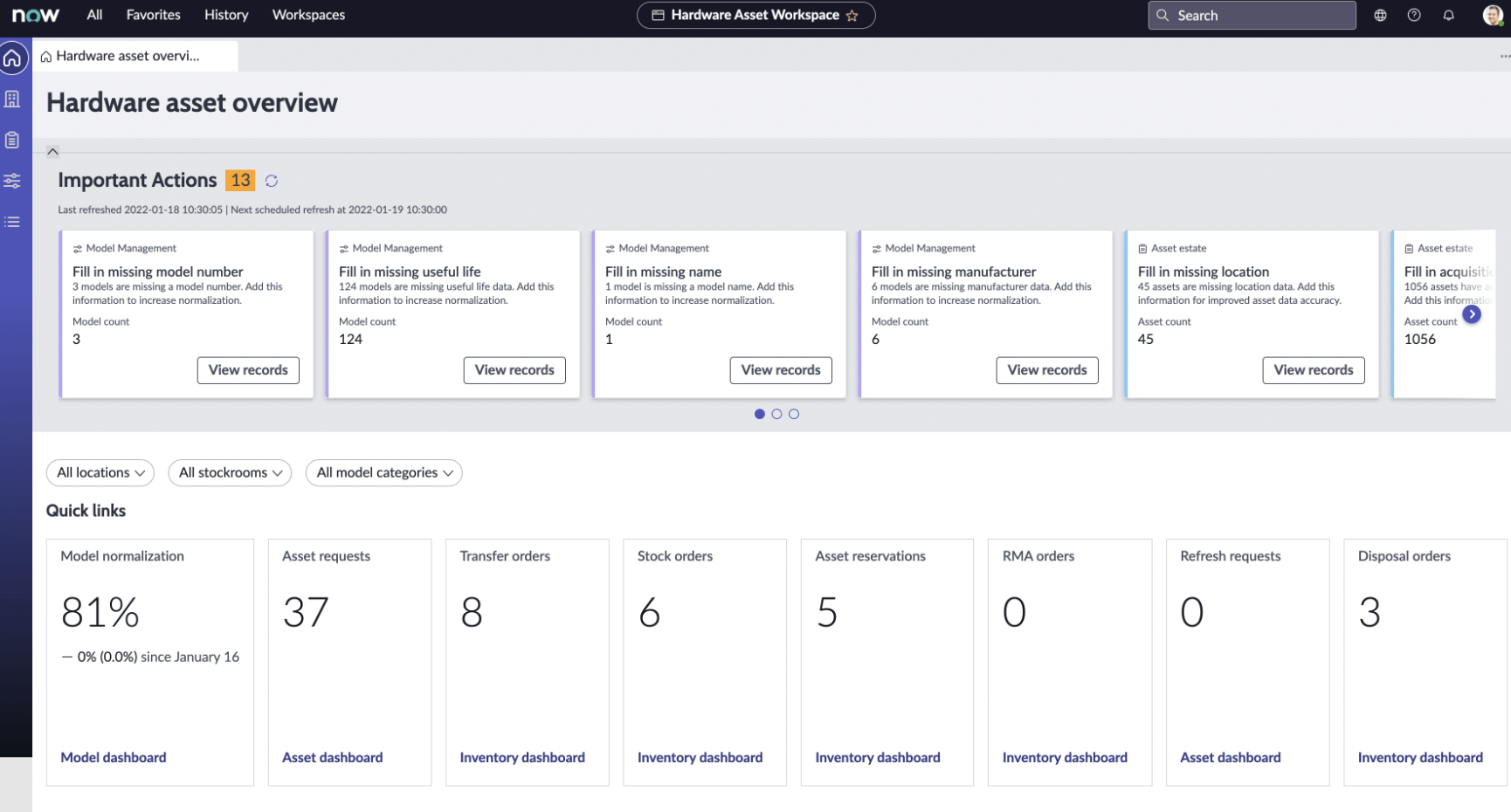 ServiceNow IT inventory management software dashboard displaying an overview of all hardware assets