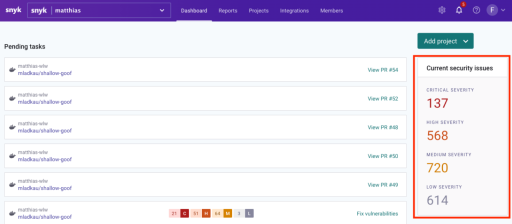 Snyk dashboard tab