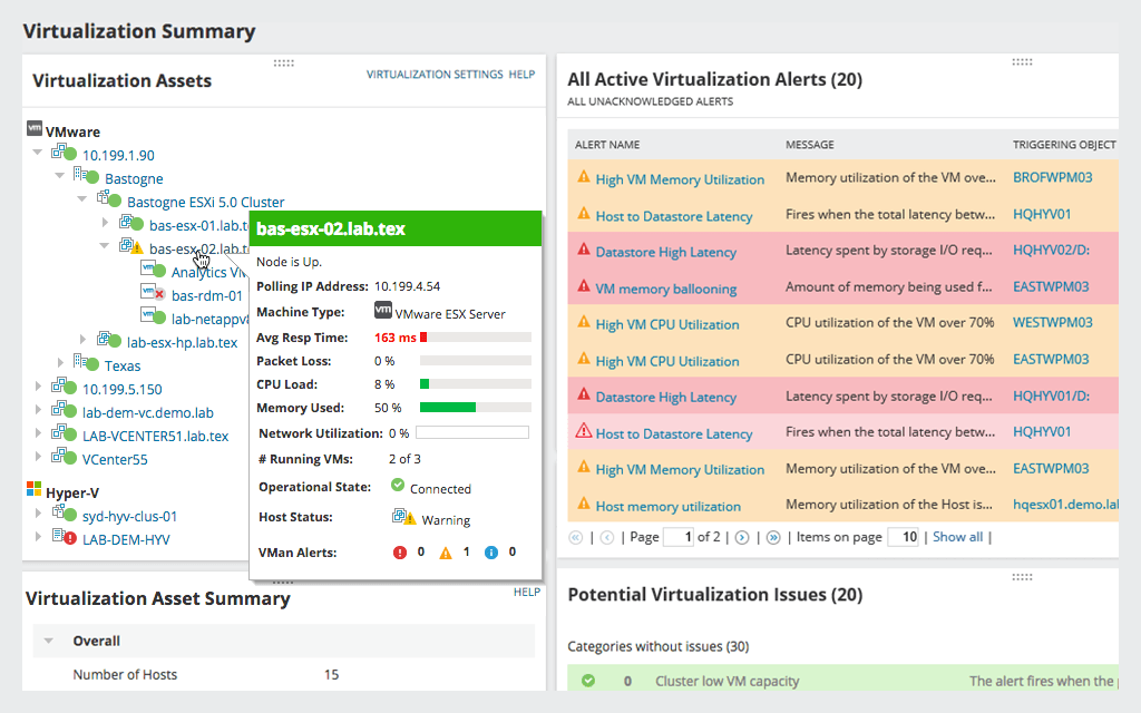 Virtualization summary page of SolarWinds Virtualization Manager (VMAN) capacity planning software