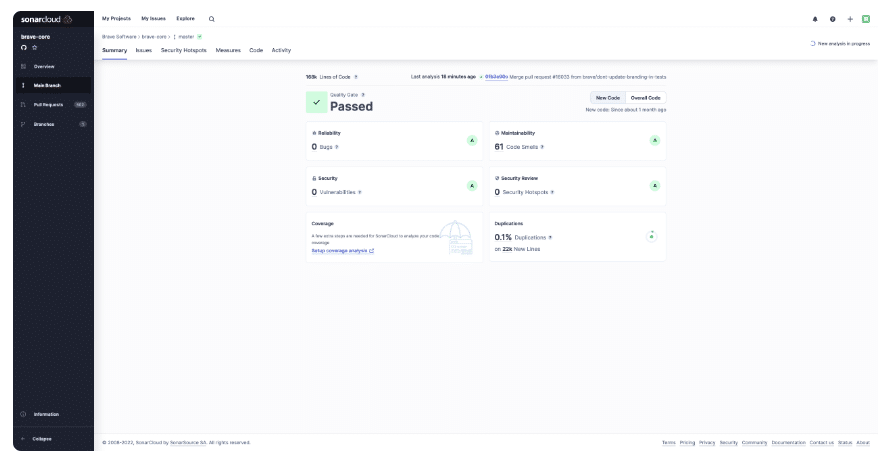 SonarCloud's dashboard for quality checking
