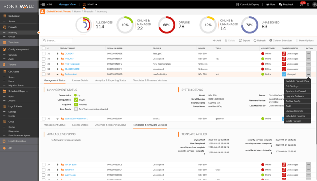 SonicWall's central dashboard