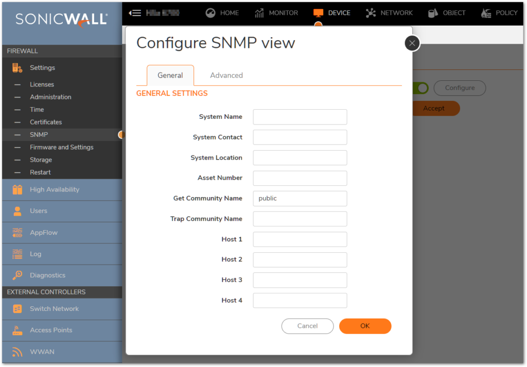 a screenshot showcasing the SNMP configuration of the tool SonicWall.