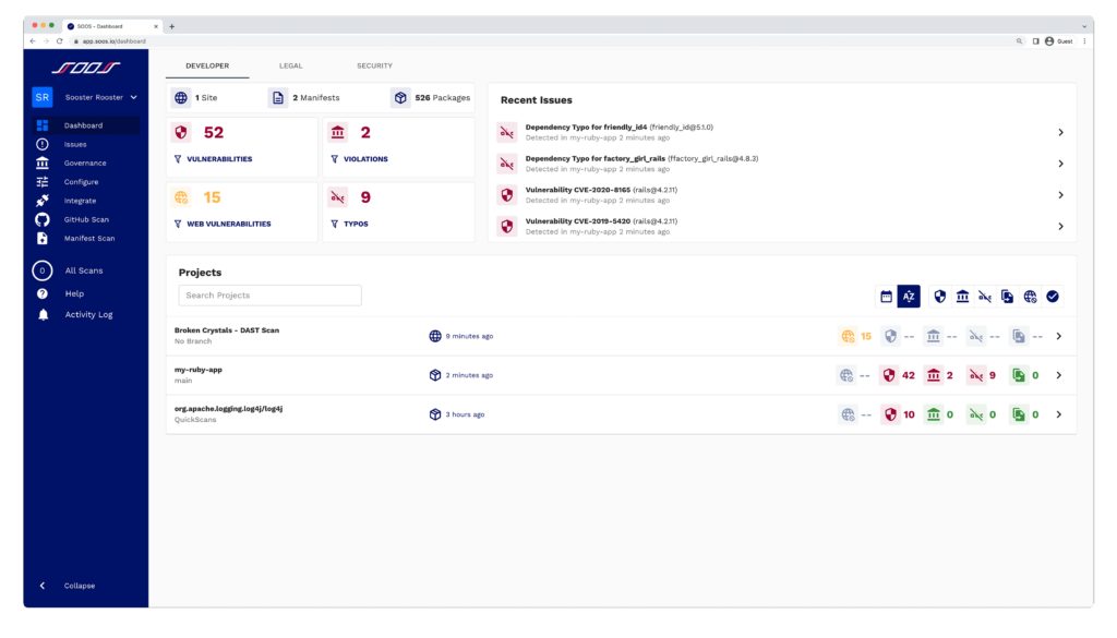 Developer dashboard of SOOS SCA + DAST software composition analysis tool