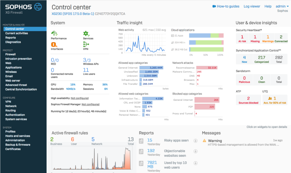 Sophos unified threat management software control center