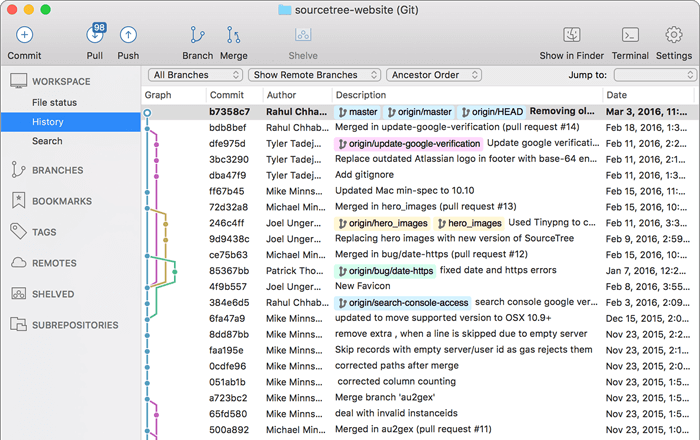 Sourcetree source code management software history view