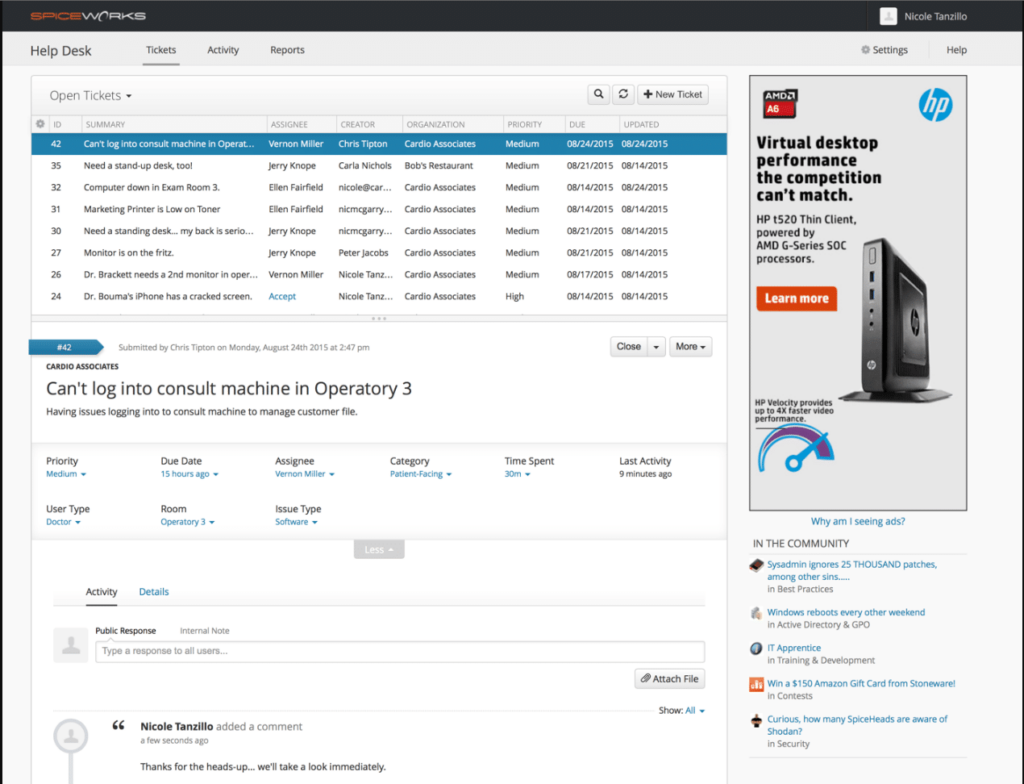 Spiceworks dashboard for help desk tickets and tasks