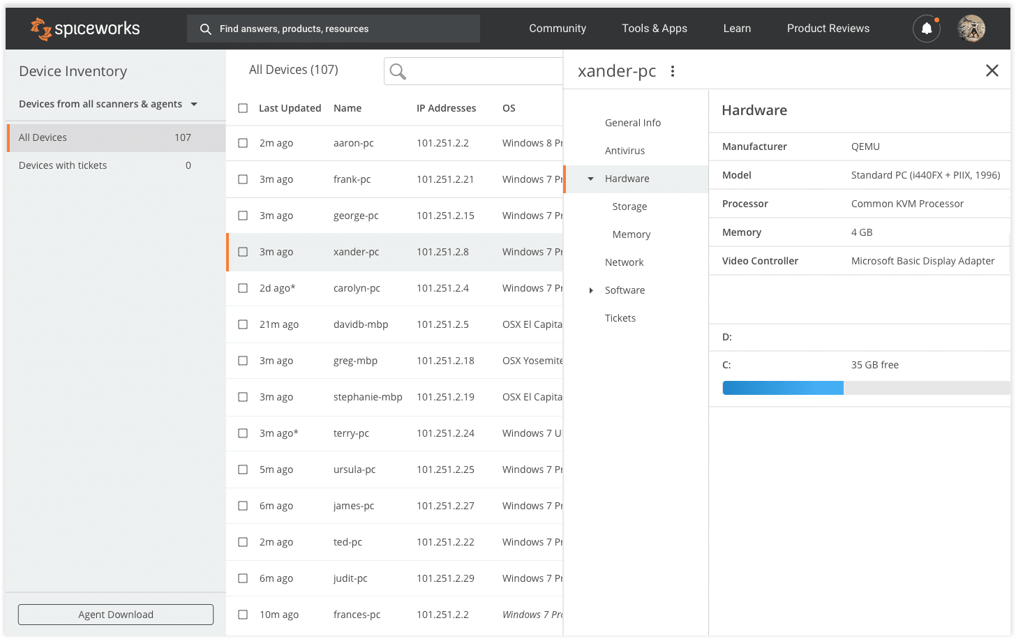 Spiceworks Inventory dashboard showing a list of all network devices