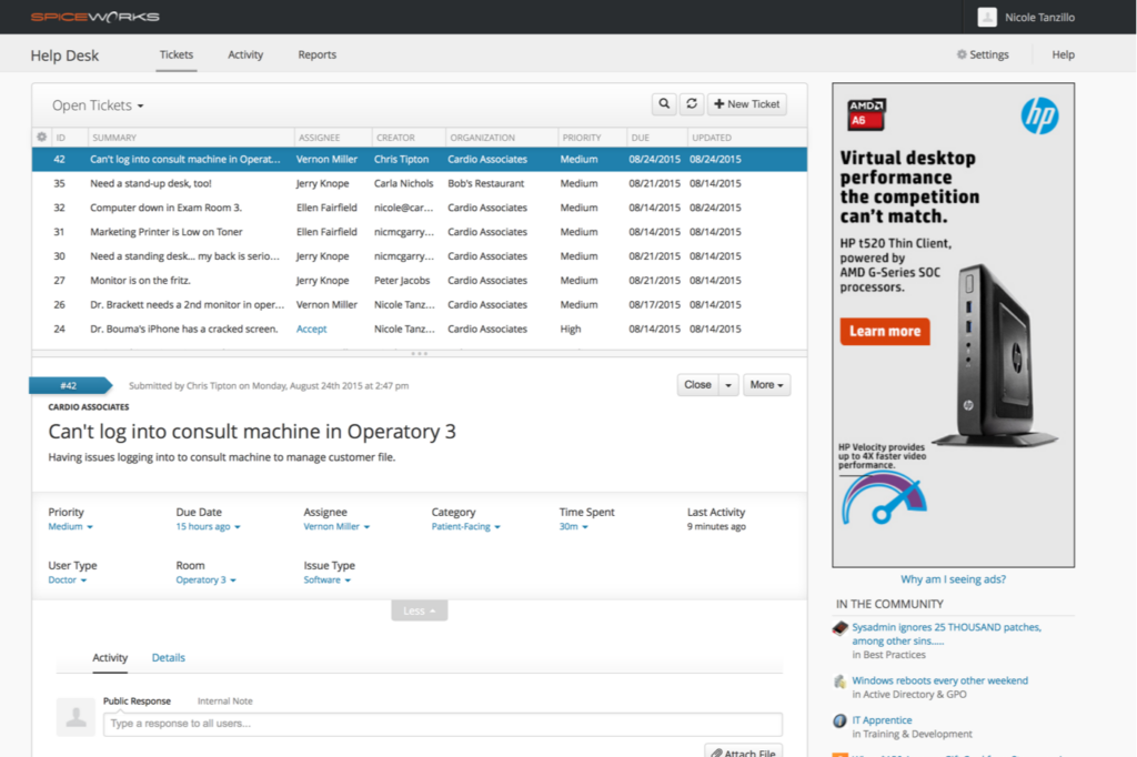 A photo of the tickets tab found in Spiceworks IT Desktop.