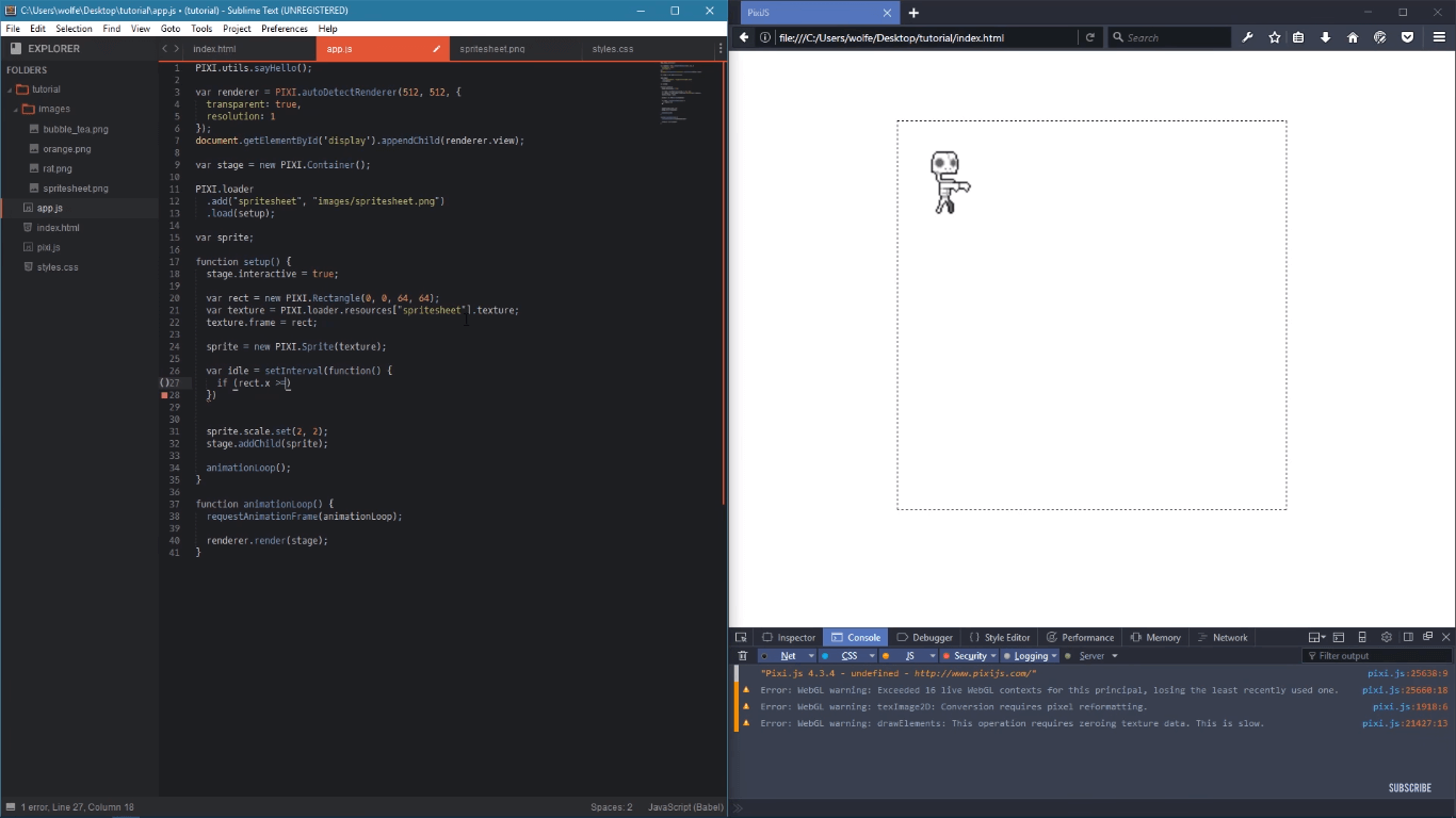 Editing PixiJS code within an IDE to make a sprite move in a browser window