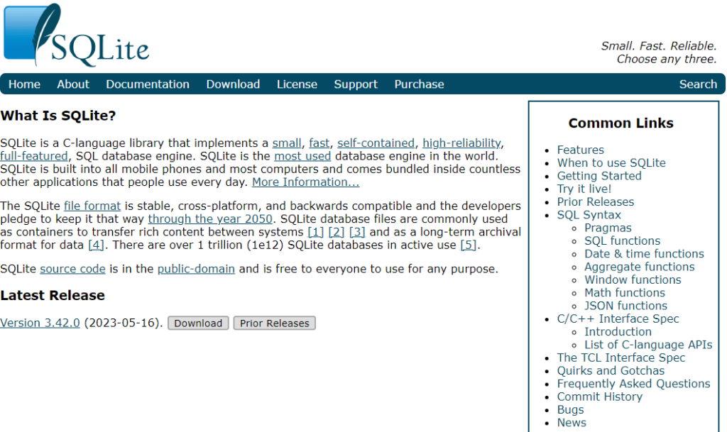 A screenshot of the website made for the tool SQLite.