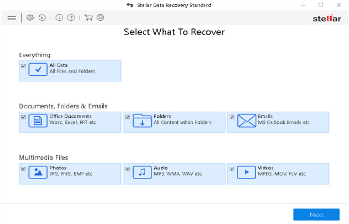 Stellar's data recovery dashboard main interface