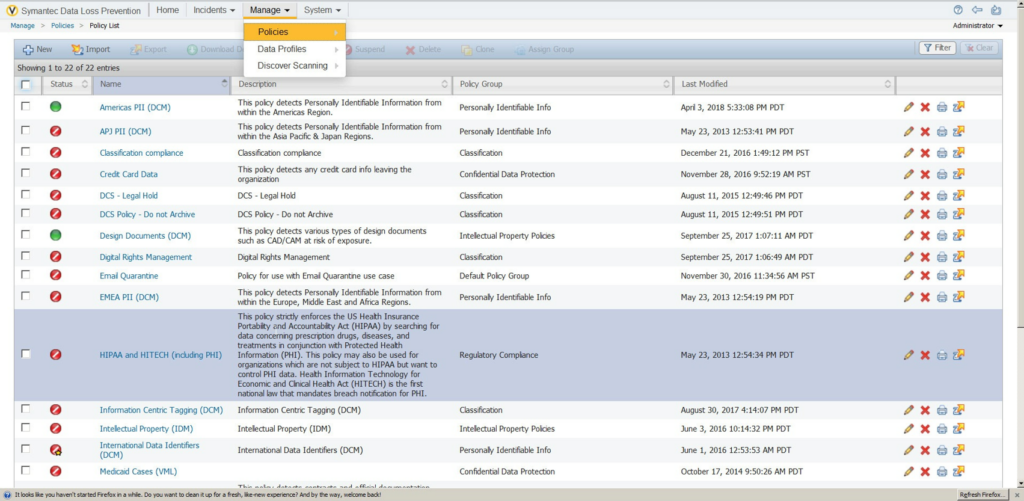Symantec Data Loss Prevention interface