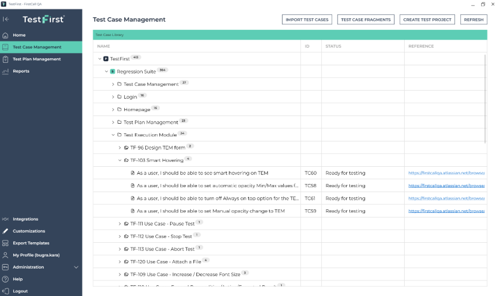 TestFirst's test case management view