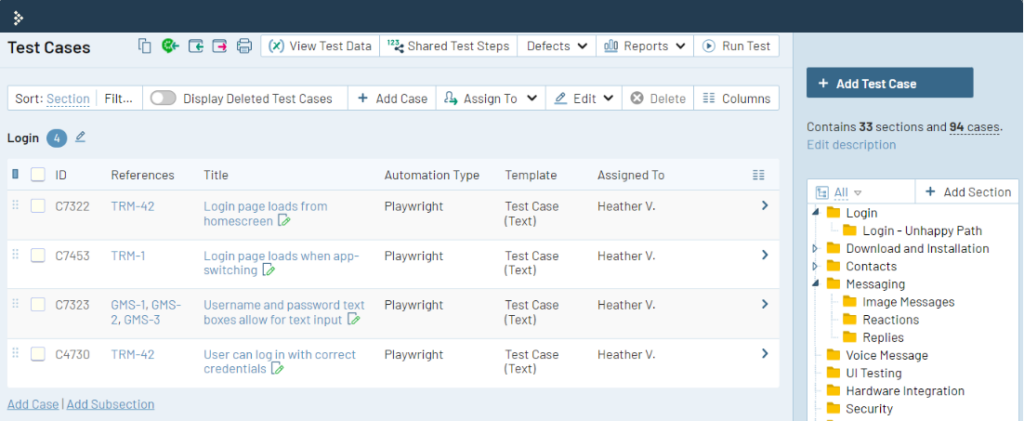 TestRail test cases overview screenshot