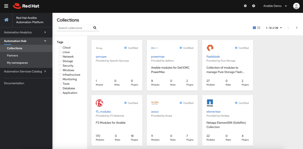 Collections tab of the tool The Red Hat Ansible Automation Platform network automation software