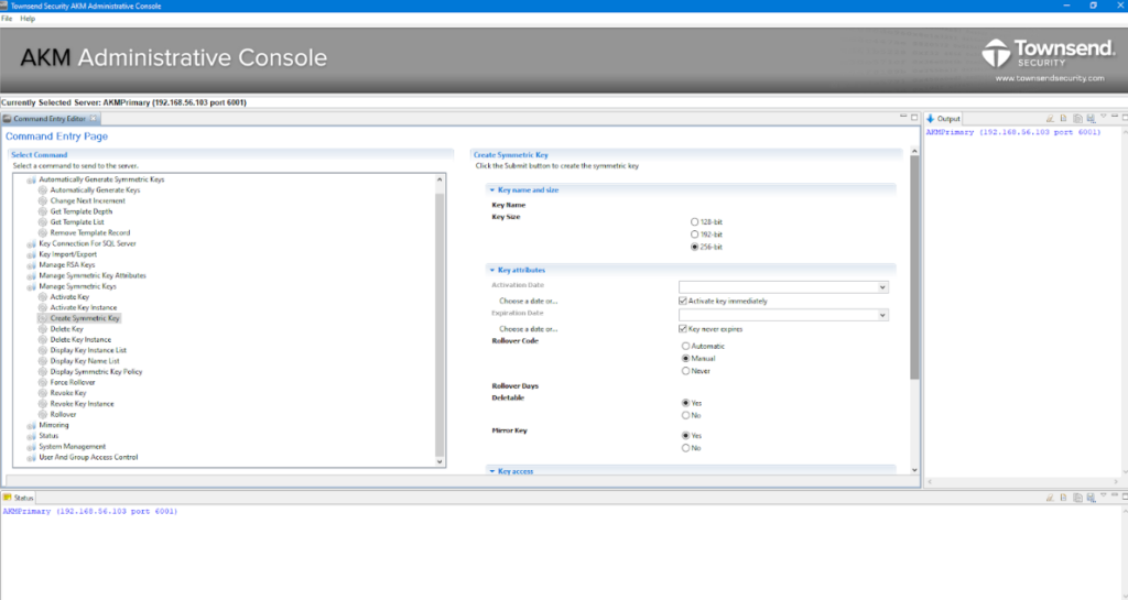 Townsend Security Alliance Key Manager administrative console