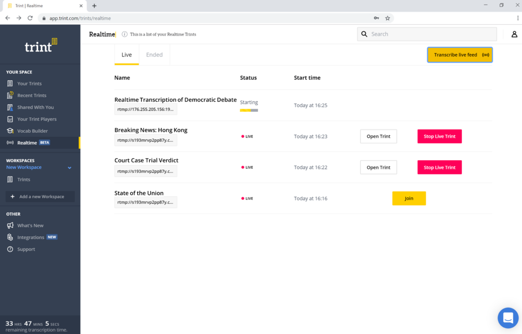 Trint voice recognition software dashboard