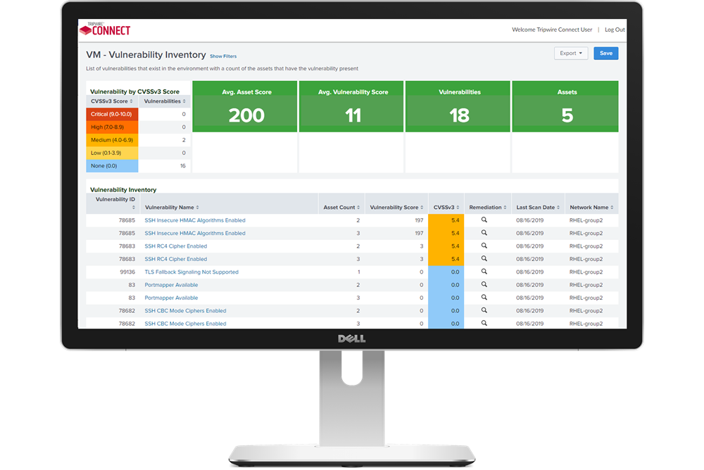 Tripwire's dashboard showing a list of vulnerabilities to assist with incident response