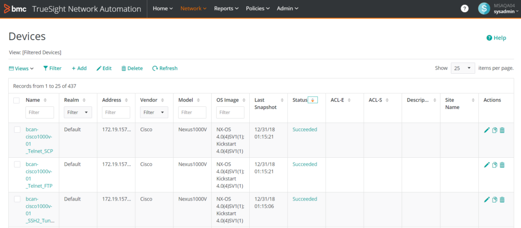 Network tab of TrueSight Automation for Network network automation software