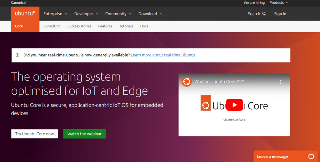 Ubuntu Core website view screenshot