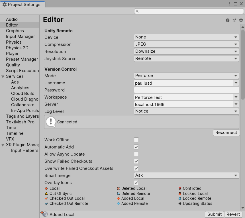 Project settings for Unity Version Control