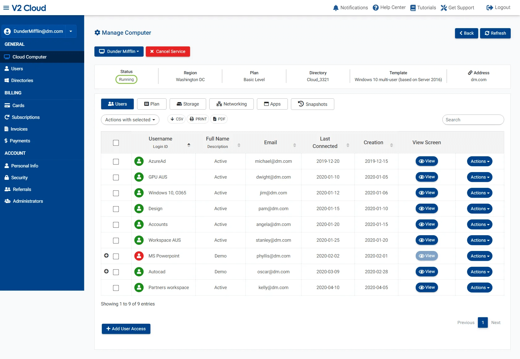 VDI solution V2 Cloud's interface