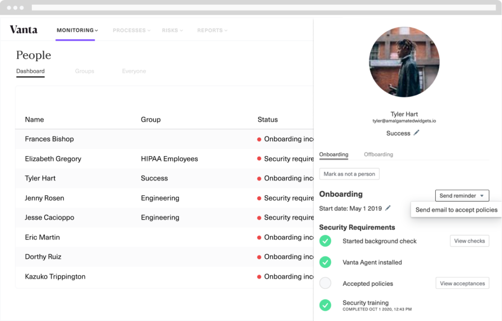 Vanta review on its monitoring dashboard