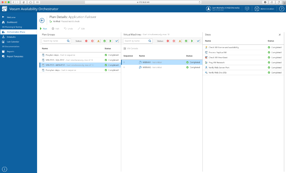 Veeam Orchestrated recovery screenshot