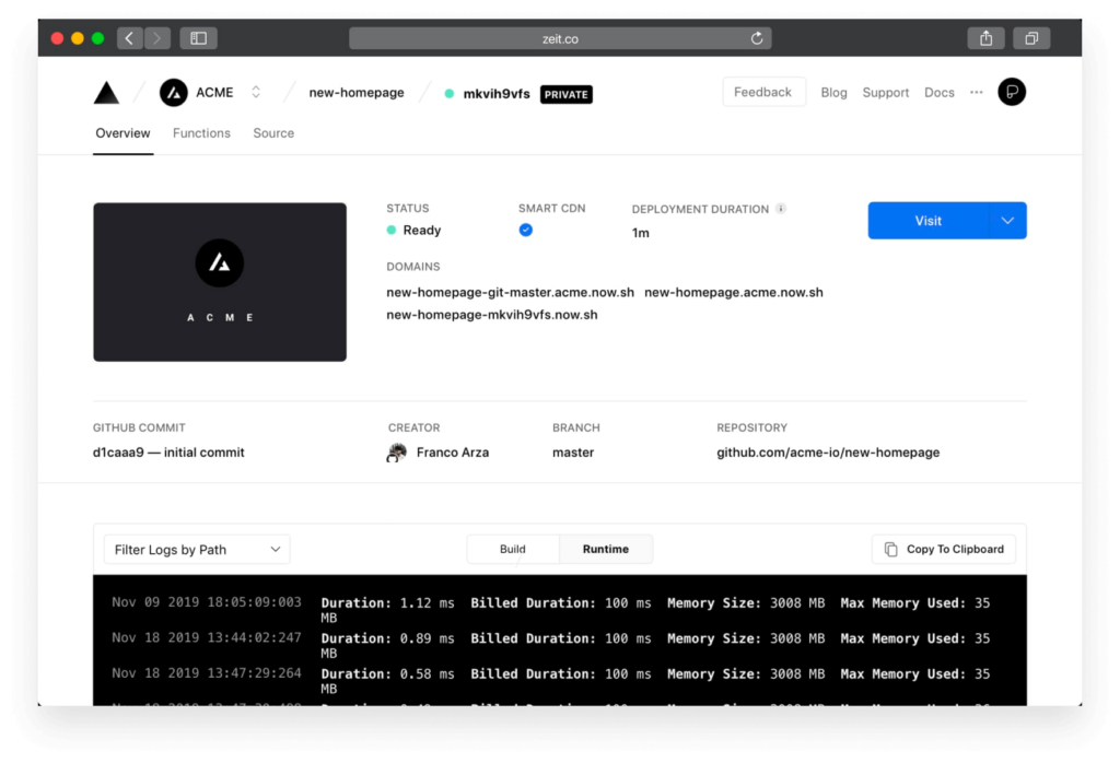 A photo of the organized dashboard for Vercel.