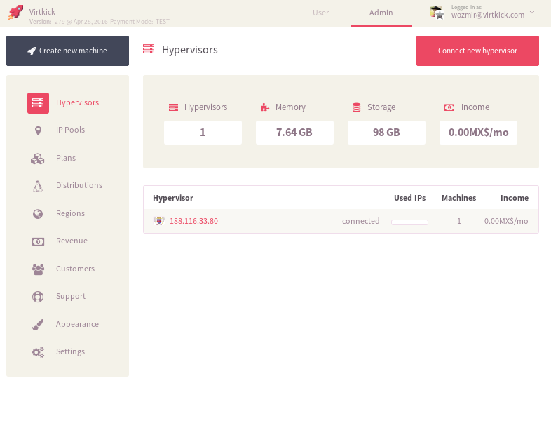 Hypervisors tab of Virtkick server virtualization software