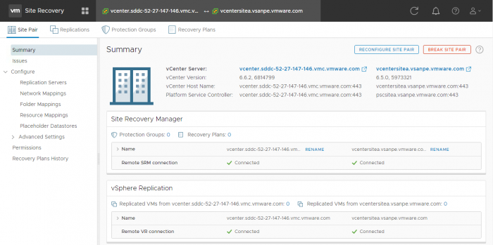 A screenshot that displays the VMware Site Recovery summary page.
