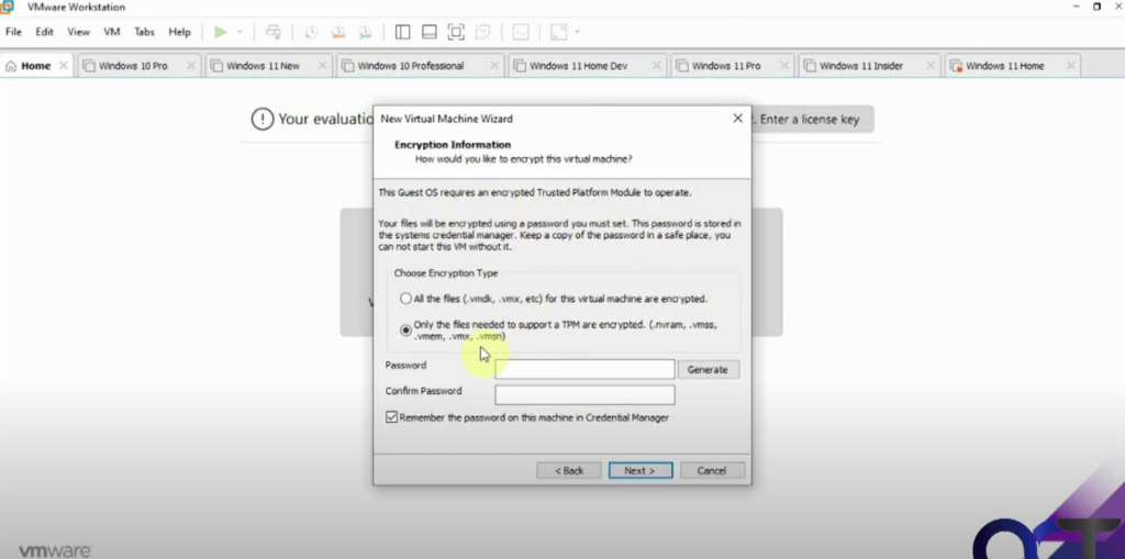 Process of choosing an encryption type for your guest OS on VMware Workstation Pro