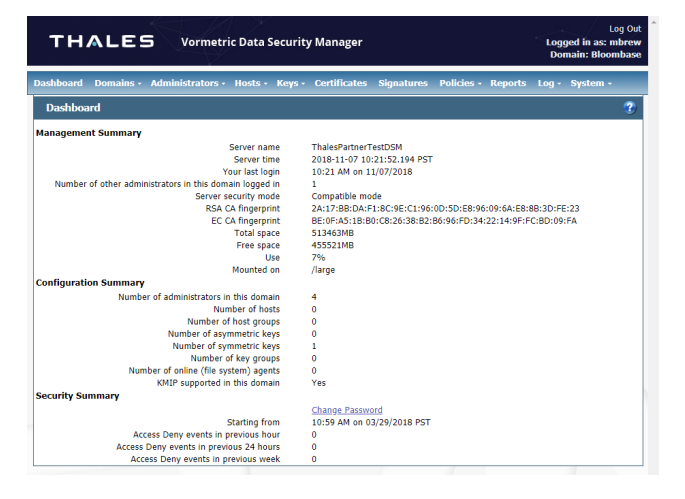 Vormetric Data Security Platform summary dashboard