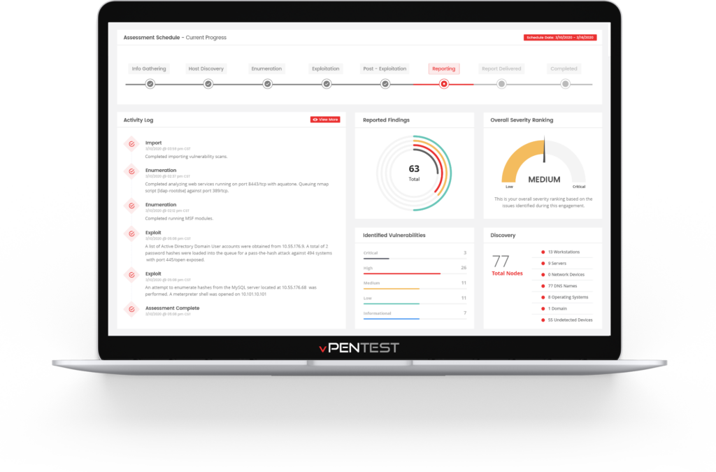 Dashboard of vPenTest BAS software