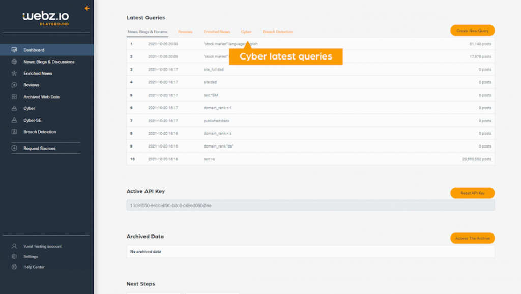 Webz.io dark web monitoring tool latest queries view