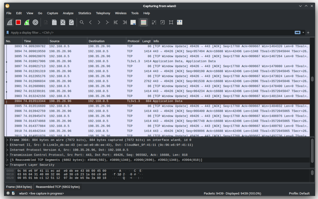 A photo of the packet analysis done in the tool Wireshark,
