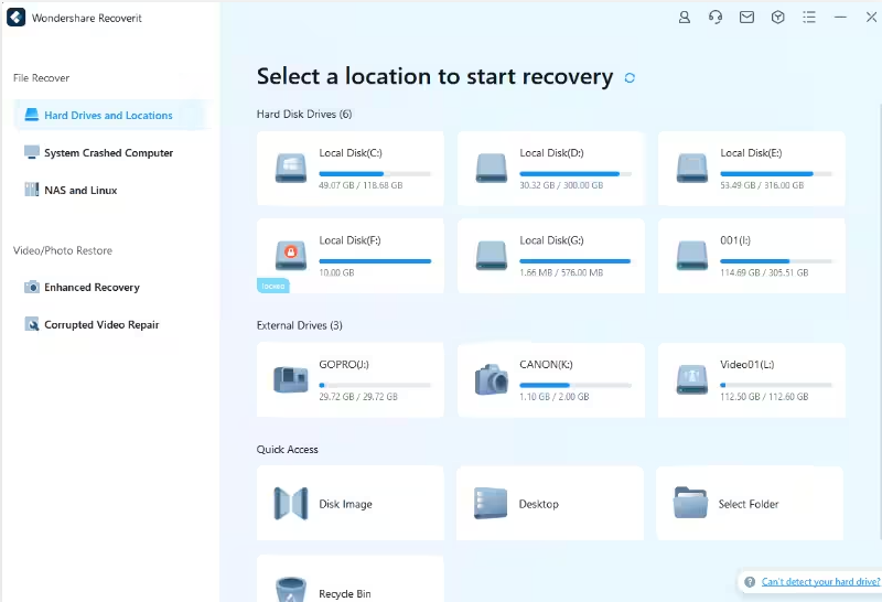 Wondershare recoverit file recovery software PC file recovery dashboard