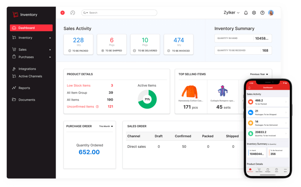 The desktop and mobile view of the dashboard for the tool Zoho Inventory.
