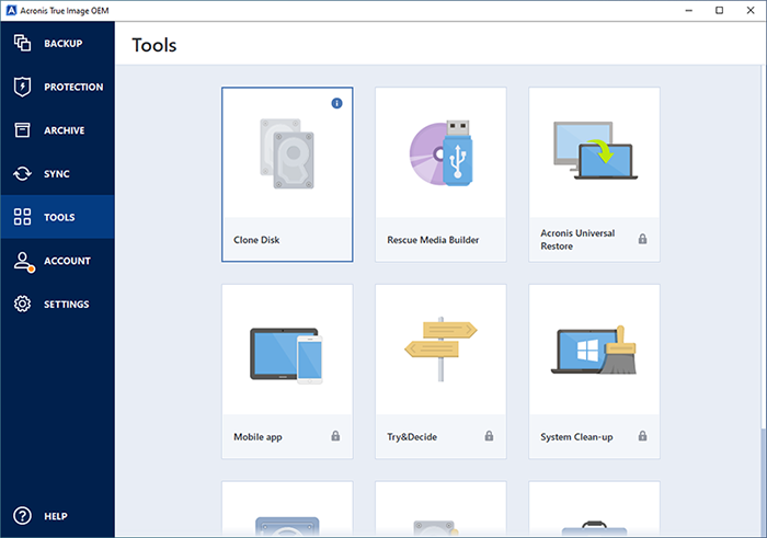 A photo focused on the tools section found in Acronis.