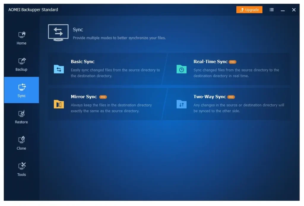 A screenshot displaying the content of the sync tab found inside the tool AOMEI Backupper.