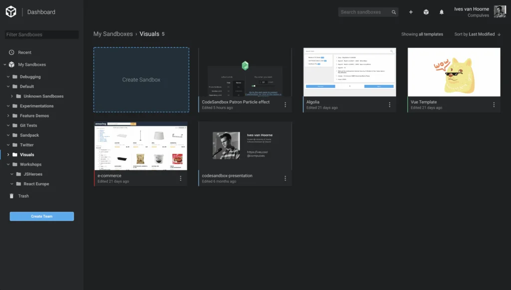 A photo of the dashboard for the tool CodeSandbox Live.