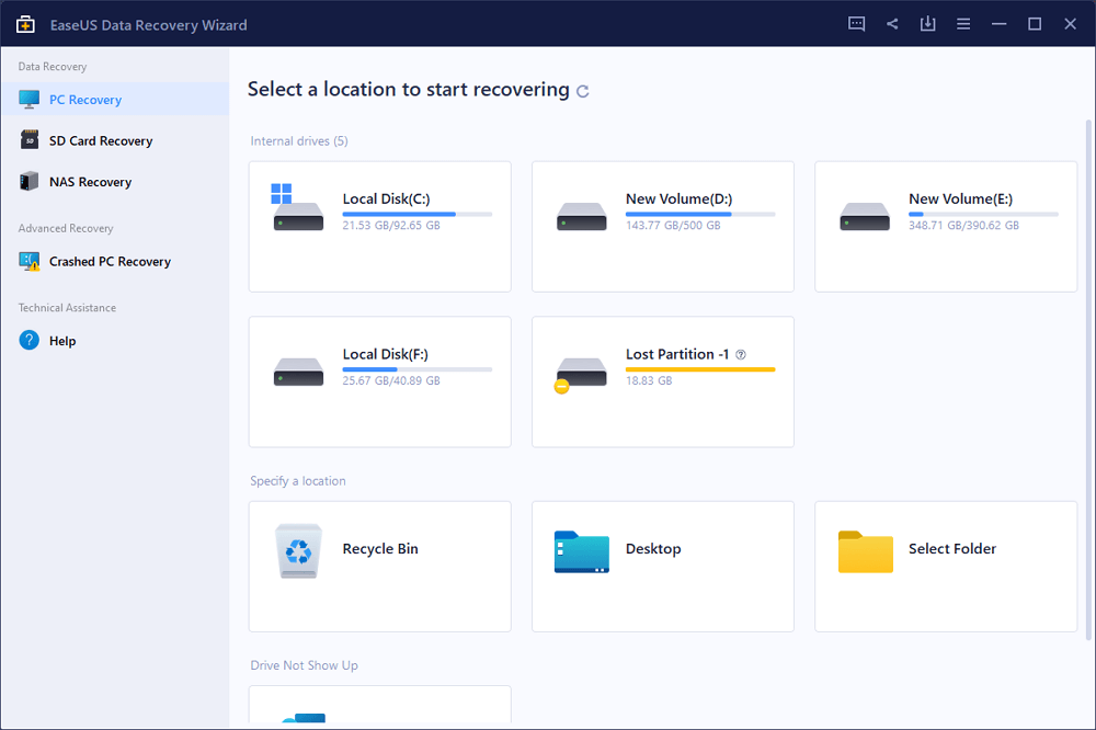 A photo focused on the PC Recovery tab of the tool EaseUS Data Recovery Wizard.