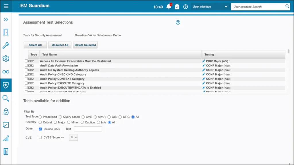 A screenshot focused on the assessment test selections of IBM Security Guardium Vulnerability Assessment on its user interface.